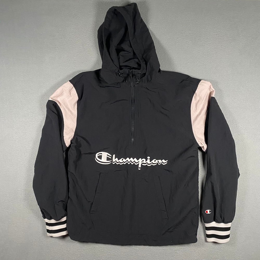 Y2K Champion Windbreaker Mens Medium Black Half-Zip Pullover Hooded